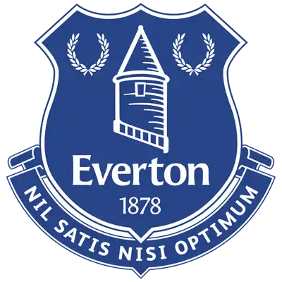 Blue shield-shaped everton crest with a tower and laurel wreaths.