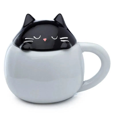 Feline Fine Black Cat Peeping Lid Ceramic Lidded Animal Mug - Mugs & Coffee Cups