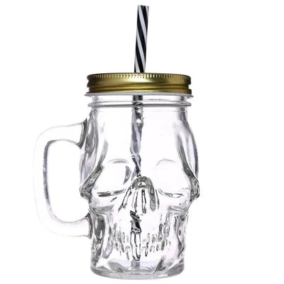 Glass Skull Drinking Jar with Metal Lid & Stripy Straw - Mason Drinking Jars Glasses & Tumblers