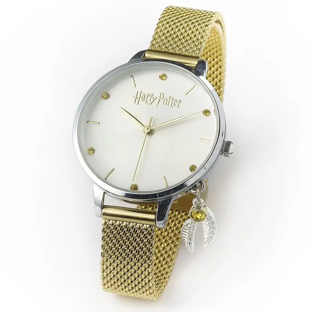 Harry potter gold mesh watch with silver accents and feather charm.