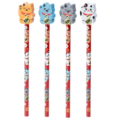 Maneki Neko Lucky Cat Pencil & Eraser Topper - Cat Gifts & Collectables