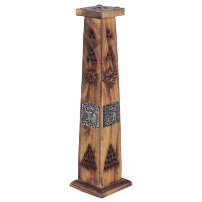 Mango Wood Ashcatcher Incense Tower Burner with Elephant Inlay - Incense Burners & Ash Catchers