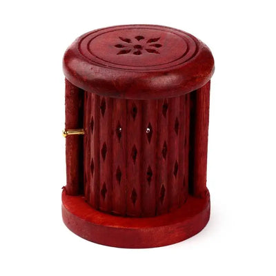 Mango Wood Carved Barrel Incense Cone Burner with Door - Incense Burners & Ash Catchers