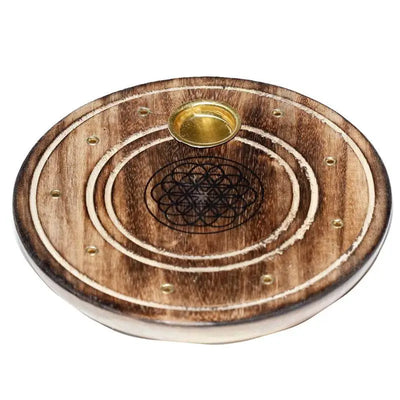 Mango Wood Round Flower of Life Ashcatcher Incense Burner - Incense Burners & Ash Catchers