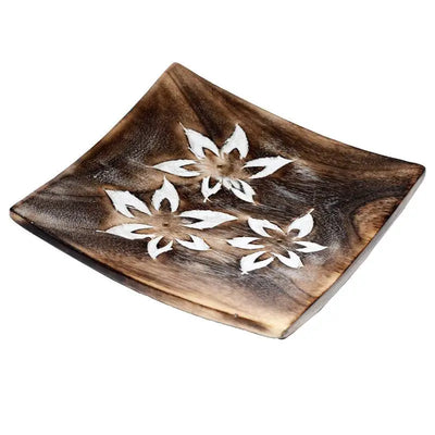 Mango Wood Square Carved Flowers Ashcatcher Incense Sticks Burner - Incense Burners & Ash Catchers