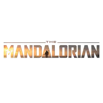 Metallic ’mandalorian’ logo with a silhouette of the character in action.