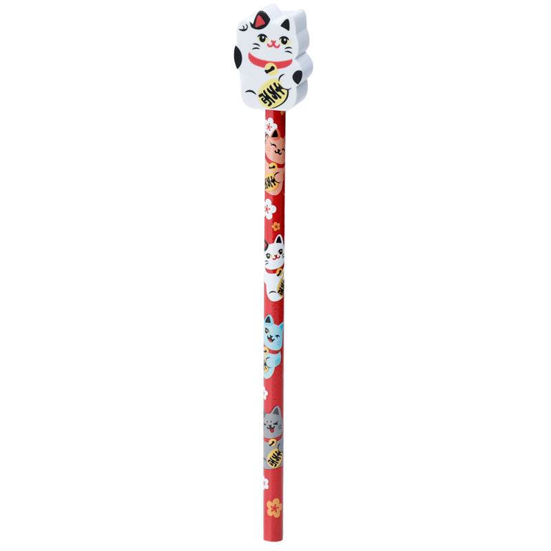 Maneki Neko Lucky Cat Pencil & Eraser Topper - Gift Arch
