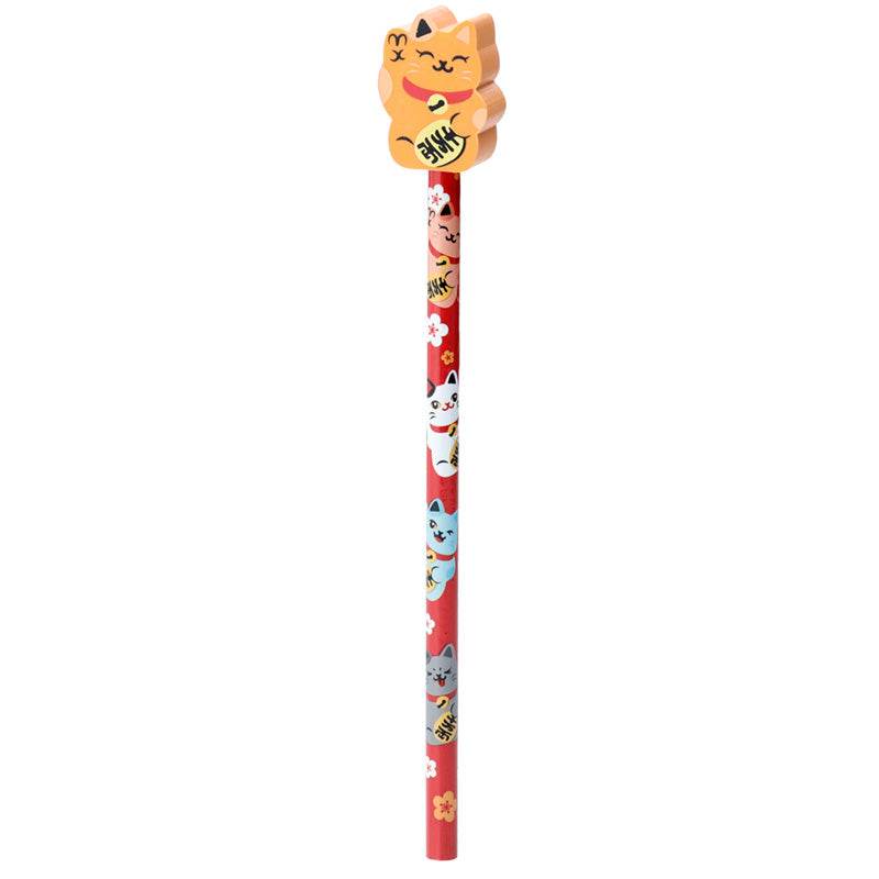 Maneki Neko Lucky Cat Pencil & Eraser Topper - Gift Arch