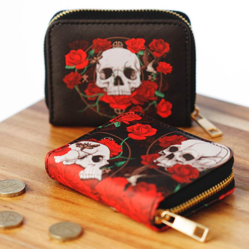 Skulls and Roses Zip Around Small Wallet Purse - Gift Arch