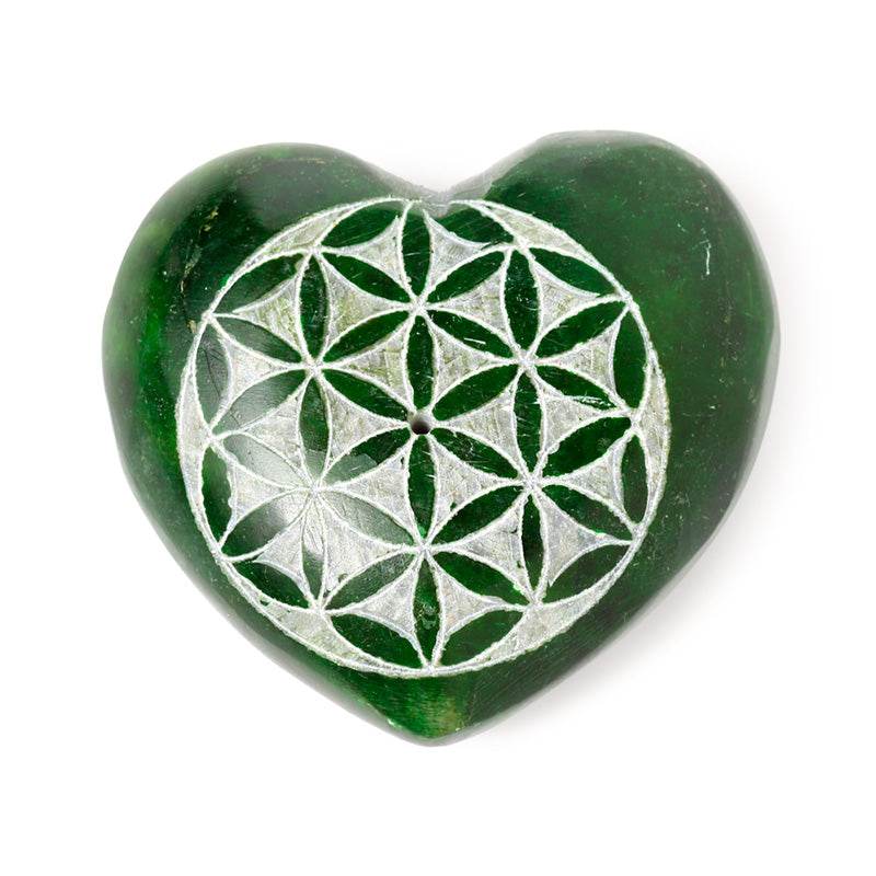 Carved Soapstone Chakra Heart Flower of Life Ashcatcher Incense Stick Burner - Gift Arch