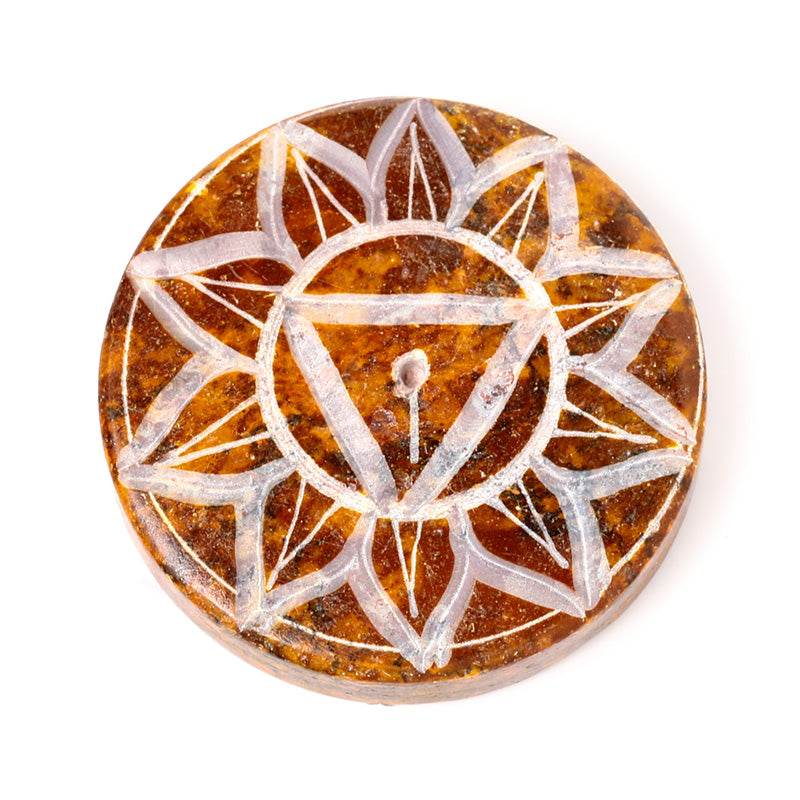 Carved Soapstone Chakra Round Ashcatcher Incense Stick Burner - Gift Arch