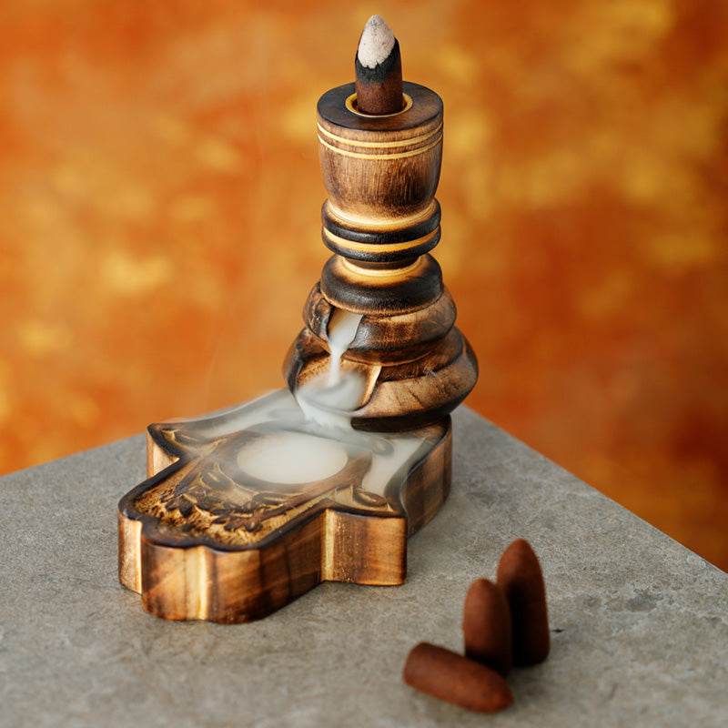 Hamsa Garden Carved Mango Wood Backflow Incense Burner - Gift Arch