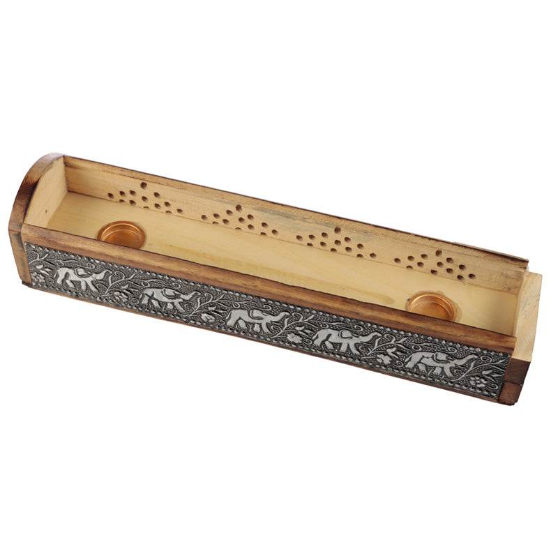 Mango Wood Ashcatcher Incense Burner Box with Elephant Inlay - Gift Arch