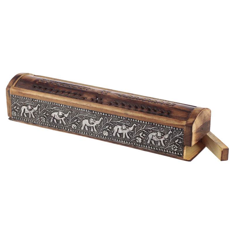 Mango Wood Ashcatcher Incense Burner Box with Elephant Inlay - Gift Arch