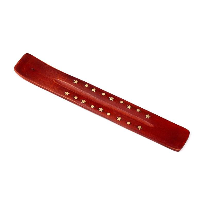 Mango Wood Ashcatcher Incense Stick Burner with Brass Stars Inlay - Gift Arch