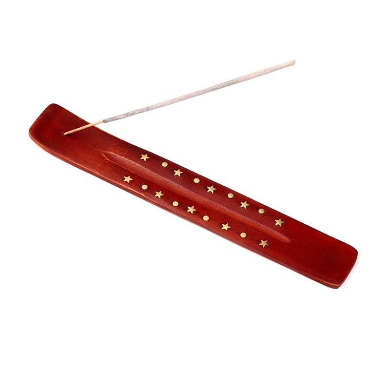Mango Wood Ashcatcher Incense Stick Burner with Brass Stars Inlay - Gift Arch