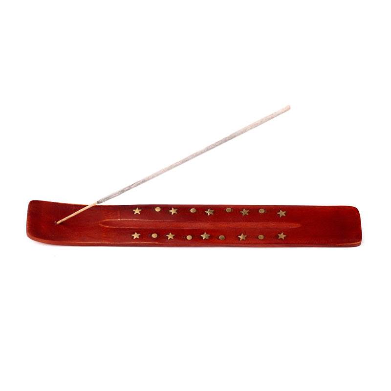 Mango Wood Ashcatcher Incense Stick Burner with Brass Stars Inlay - Gift Arch