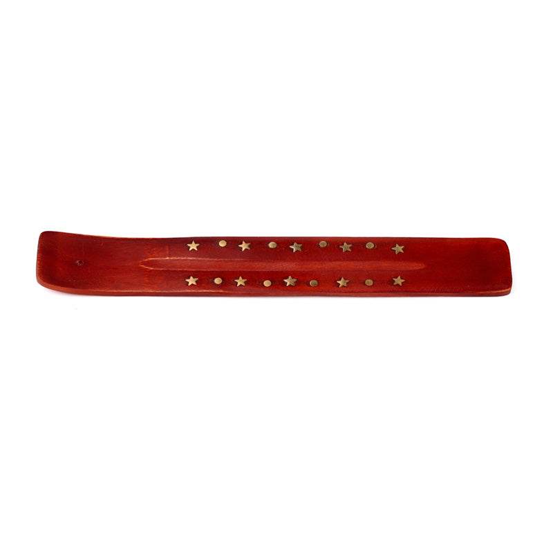 Mango Wood Ashcatcher Incense Stick Burner with Brass Stars Inlay - Gift Arch