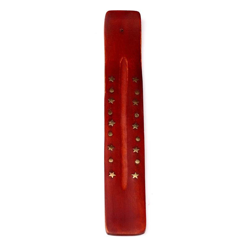 Mango Wood Ashcatcher Incense Stick Burner with Brass Stars Inlay - Gift Arch