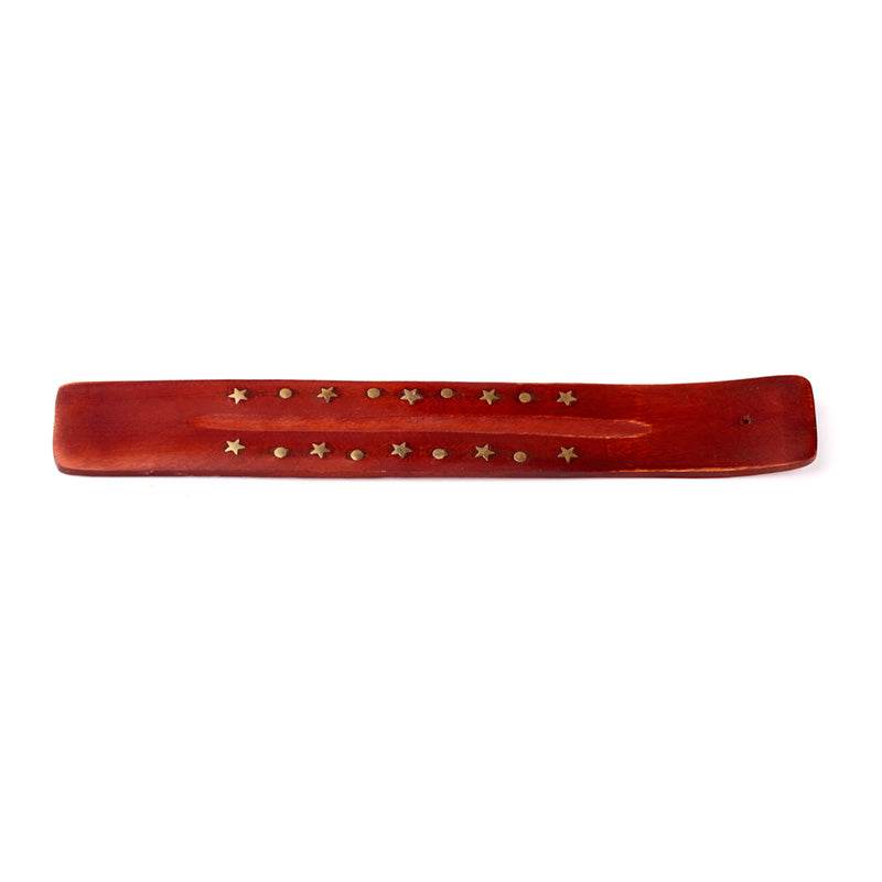 Mango Wood Ashcatcher Incense Stick Burner with Brass Stars Inlay - Gift Arch