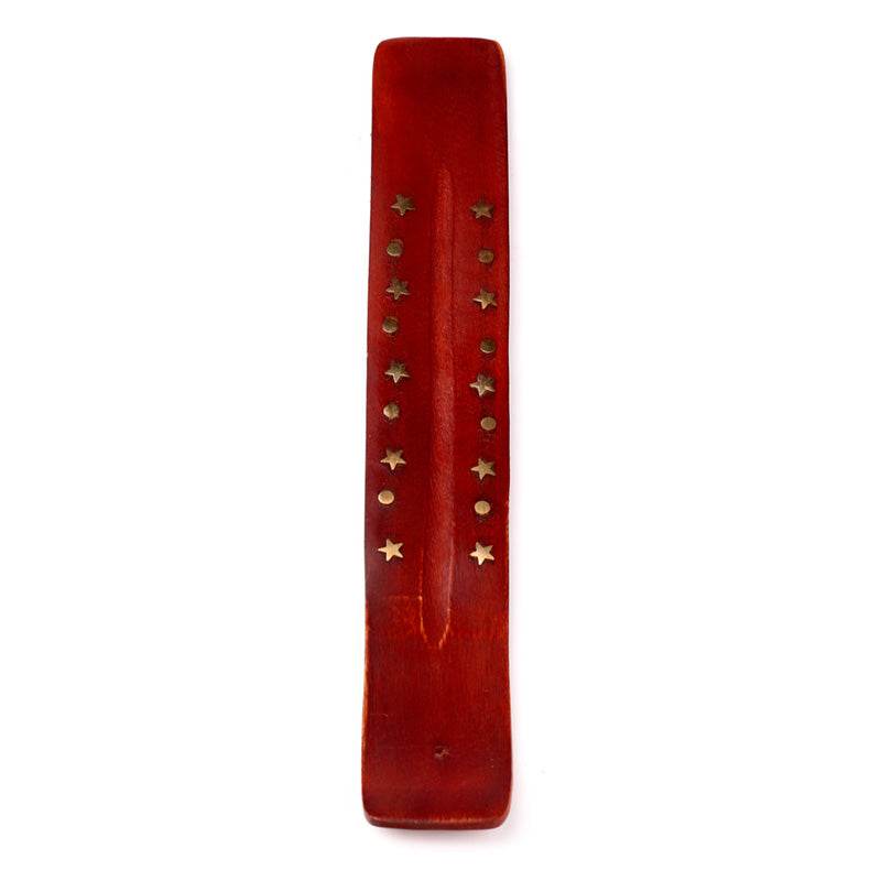 Mango Wood Ashcatcher Incense Stick Burner with Brass Stars Inlay - Gift Arch