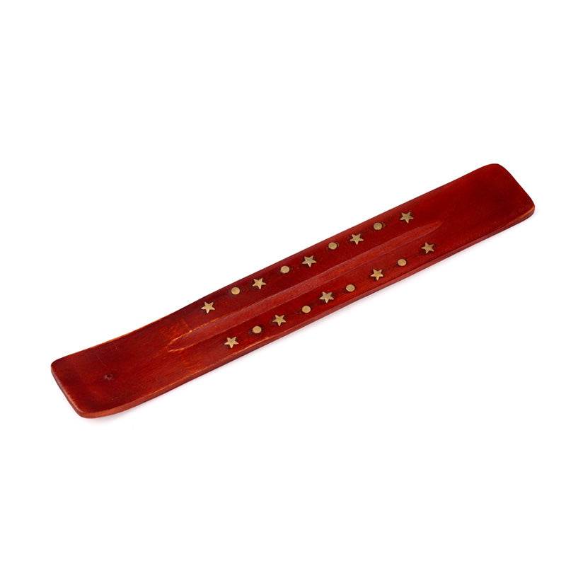 Mango Wood Ashcatcher Incense Stick Burner with Brass Stars Inlay - Gift Arch