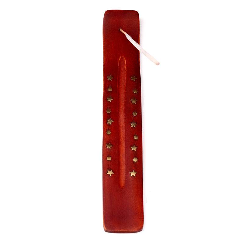Mango Wood Ashcatcher Incense Stick Burner with Brass Stars Inlay - Gift Arch