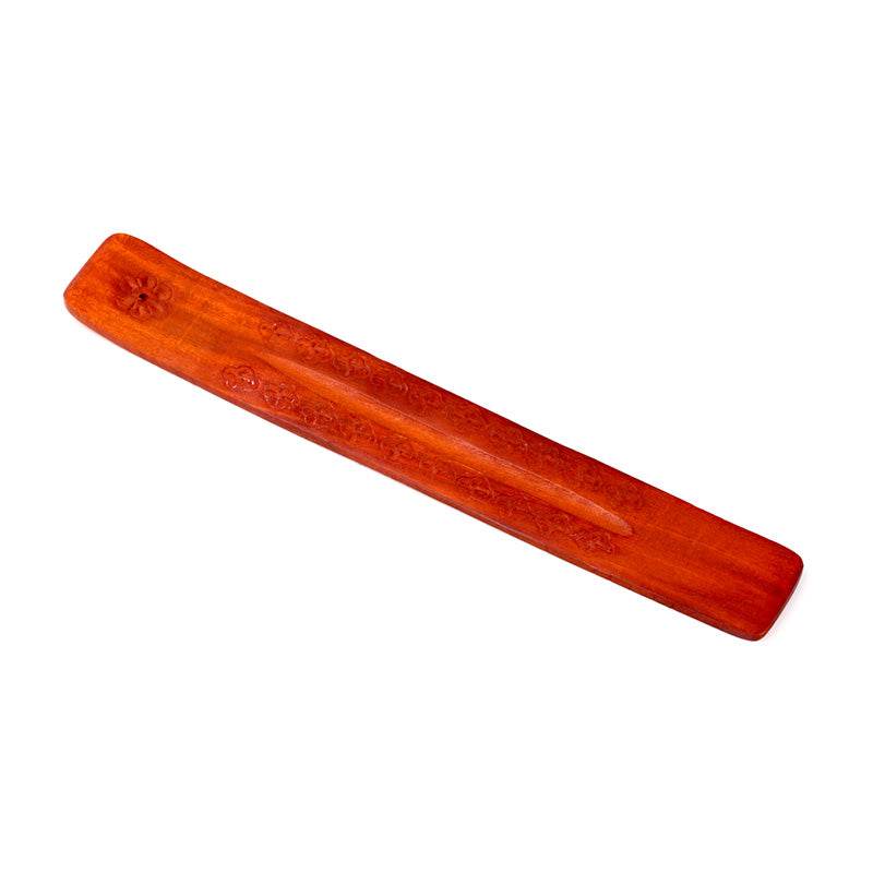 Mango Wood Ashcatcher Incense Stick Burner with Flower Engraving - Gift Arch