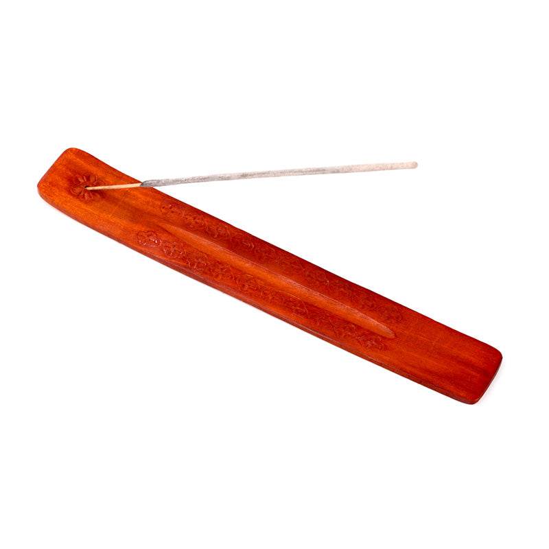 Mango Wood Ashcatcher Incense Stick Burner with Flower Engraving - Gift Arch