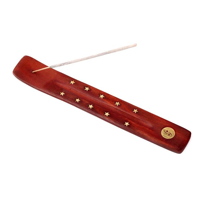 Mango Wood Ashcatcher Incense Stick Burner Ying Yang Inlay - Gift Arch