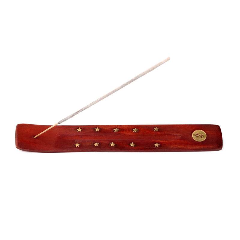 Mango Wood Ashcatcher Incense Stick Burner Ying Yang Inlay - Gift Arch