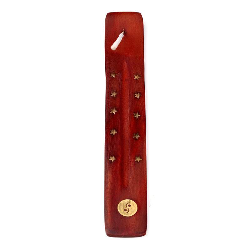 Mango Wood Ashcatcher Incense Stick Burner Ying Yang Inlay - Gift Arch