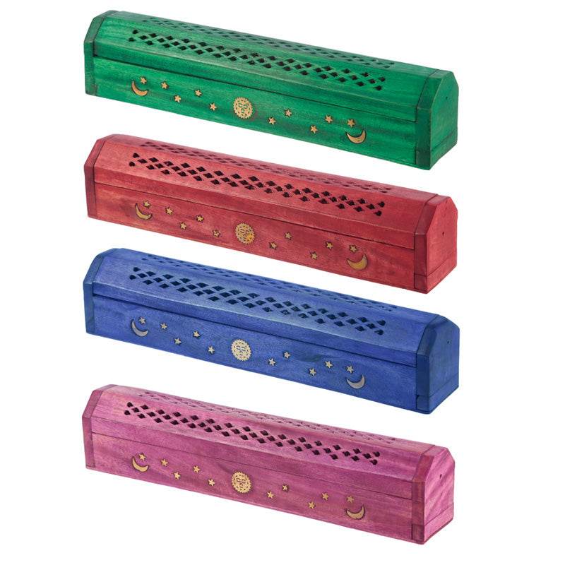 Mango Wood Bold Fretwork Ashcatcher Incense Burner Box Sun & Moon - Gift Arch