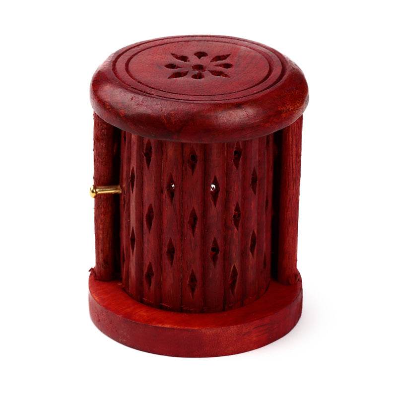 Mango Wood Carved Barrel Incense Cone Burner with Door - Gift Arch