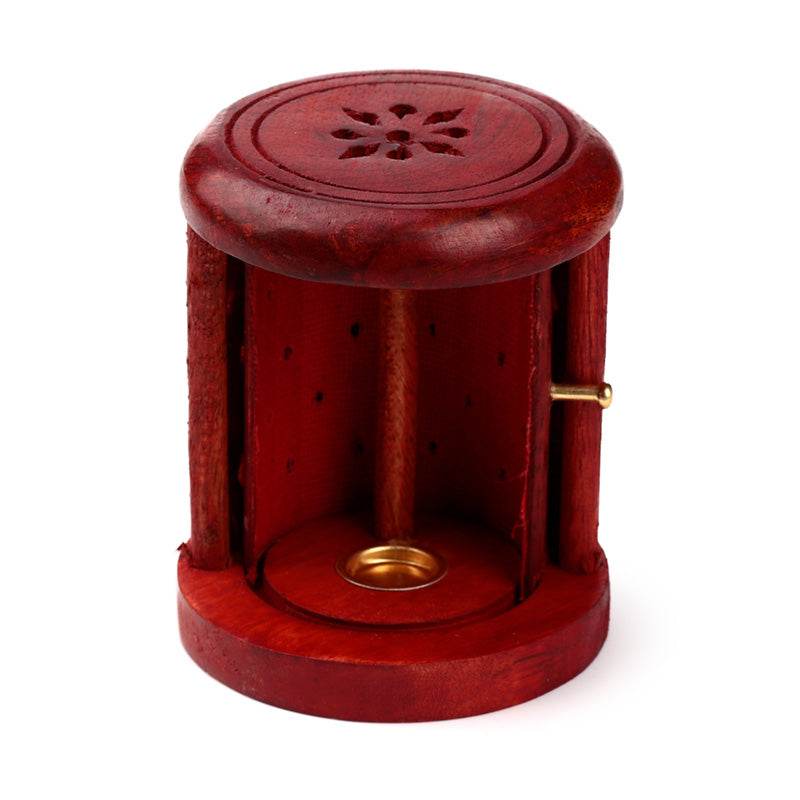 Mango Wood Carved Barrel Incense Cone Burner with Door - Gift Arch