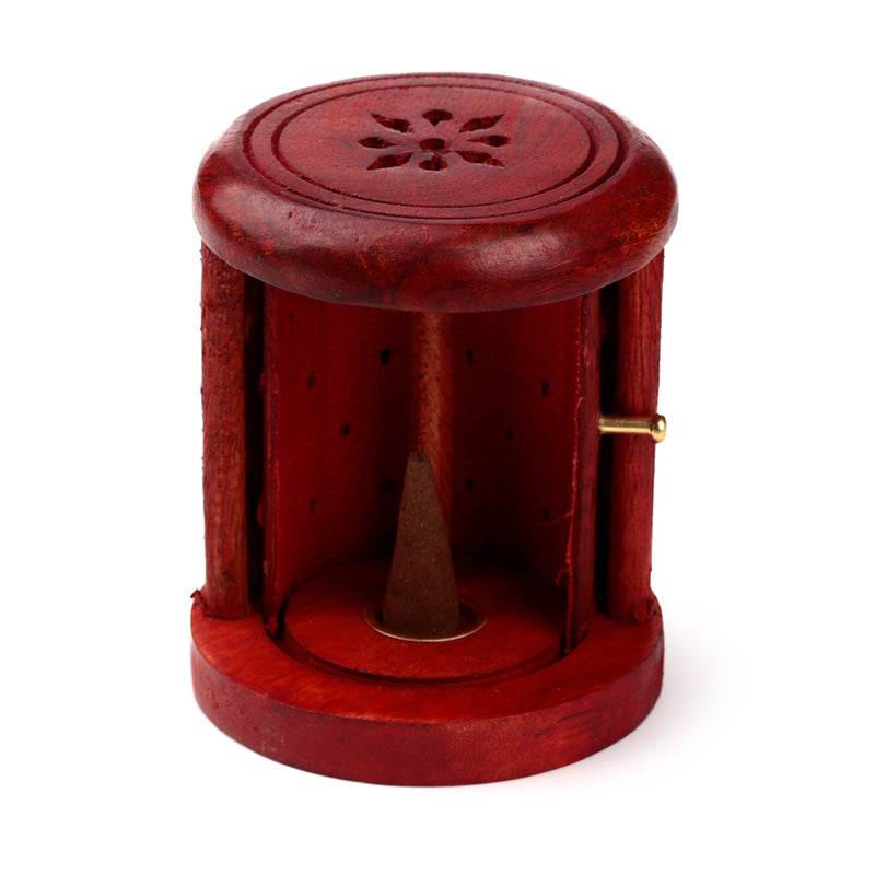 Mango Wood Carved Barrel Incense Cone Burner with Door - Gift Arch