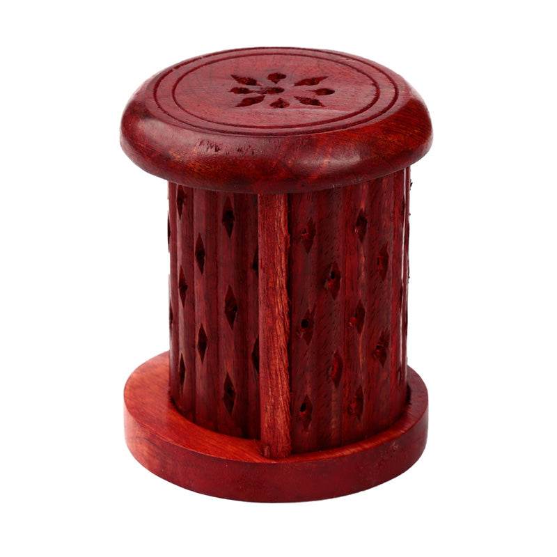 Mango Wood Carved Barrel Incense Cone Burner with Door - Gift Arch