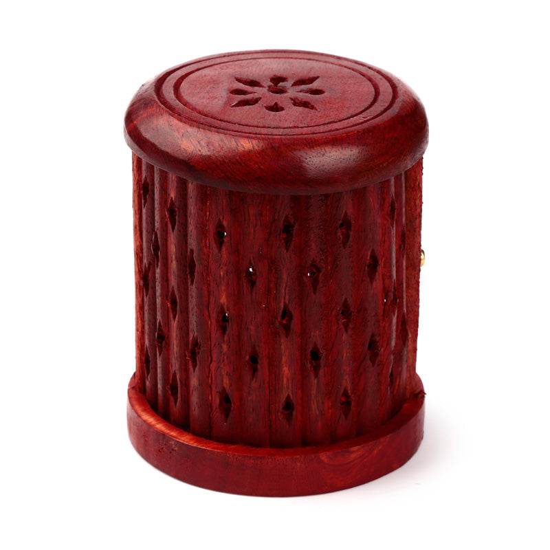 Mango Wood Carved Barrel Incense Cone Burner with Door - Gift Arch