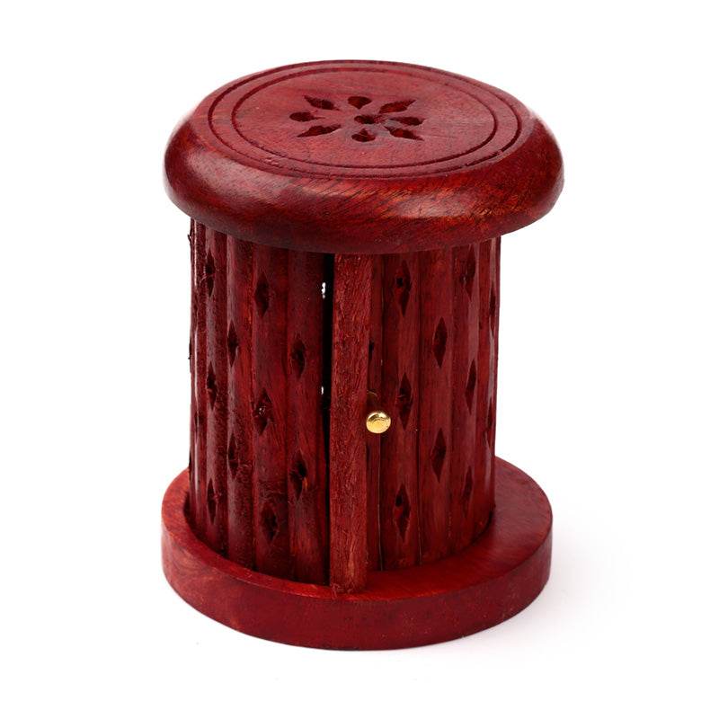 Mango Wood Carved Barrel Incense Cone Burner with Door - Gift Arch