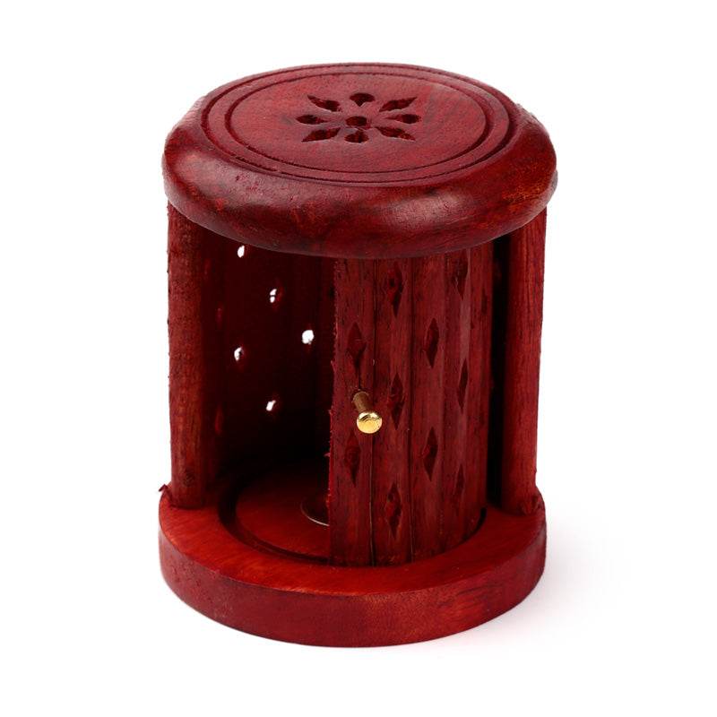 Mango Wood Carved Barrel Incense Cone Burner with Door - Gift Arch