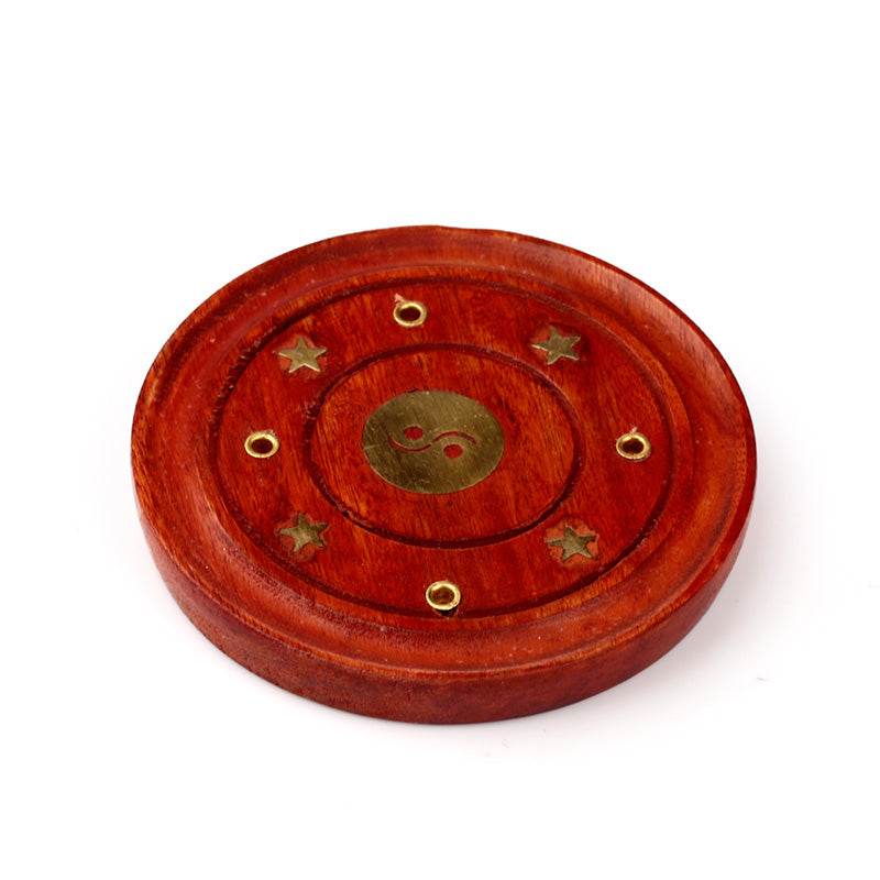 Mango Wood Round Ashcatcher Incence Burner with Yin Yang Inlay - Gift Arch