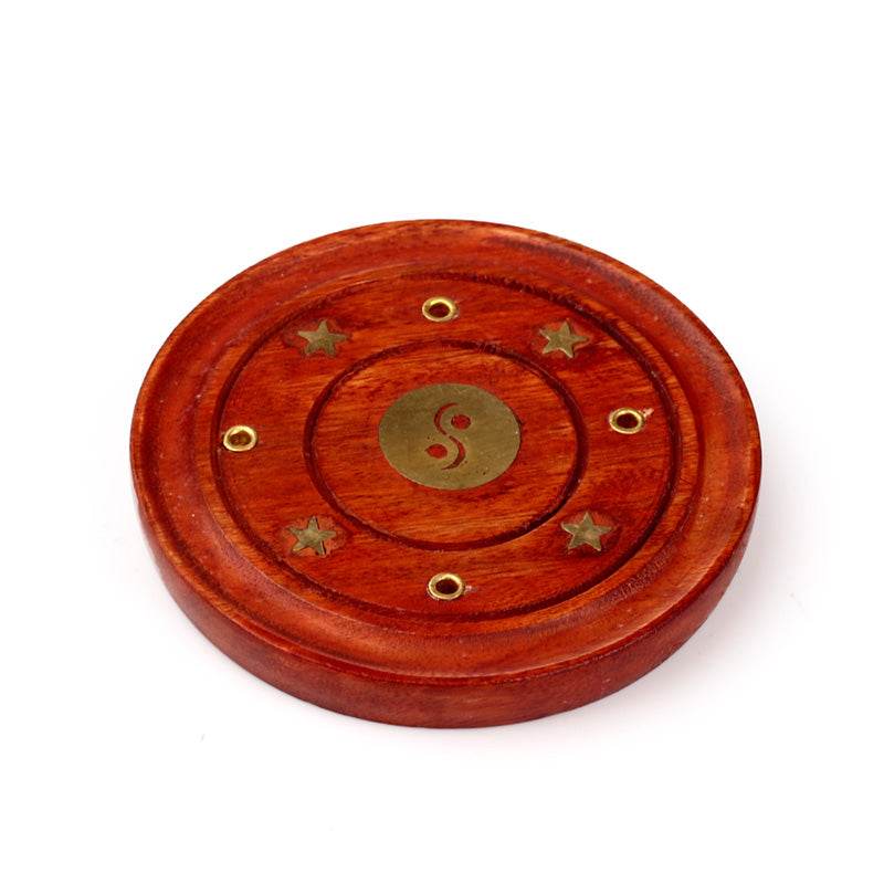 Mango Wood Round Ashcatcher Incence Burner with Yin Yang Inlay - Gift Arch