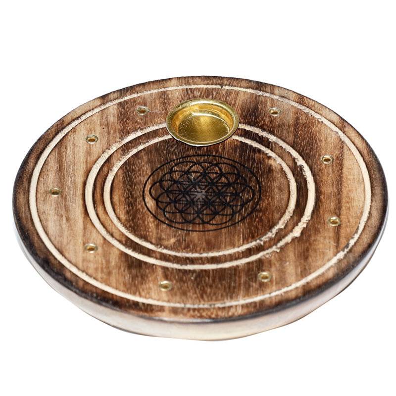 Mango Wood Round Flower of Life Ashcatcher Incense Burner - Gift Arch