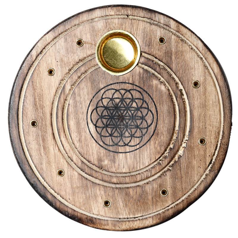 Mango Wood Round Flower of Life Ashcatcher Incense Burner - Gift Arch