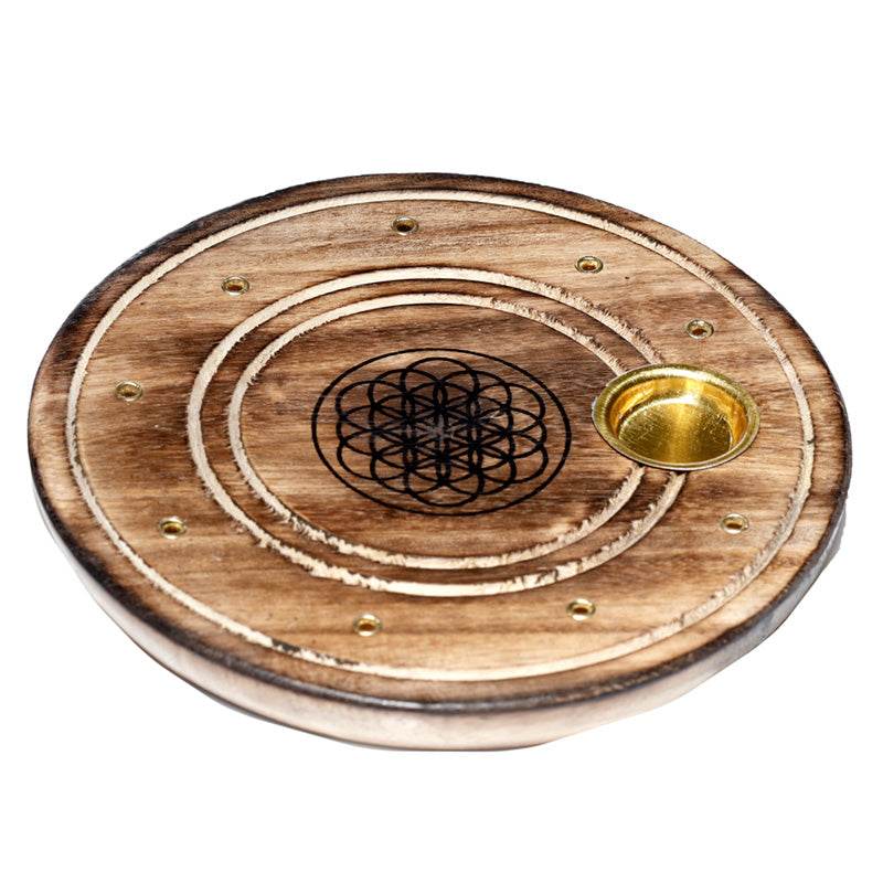 Mango Wood Round Flower of Life Ashcatcher Incense Burner - Gift Arch