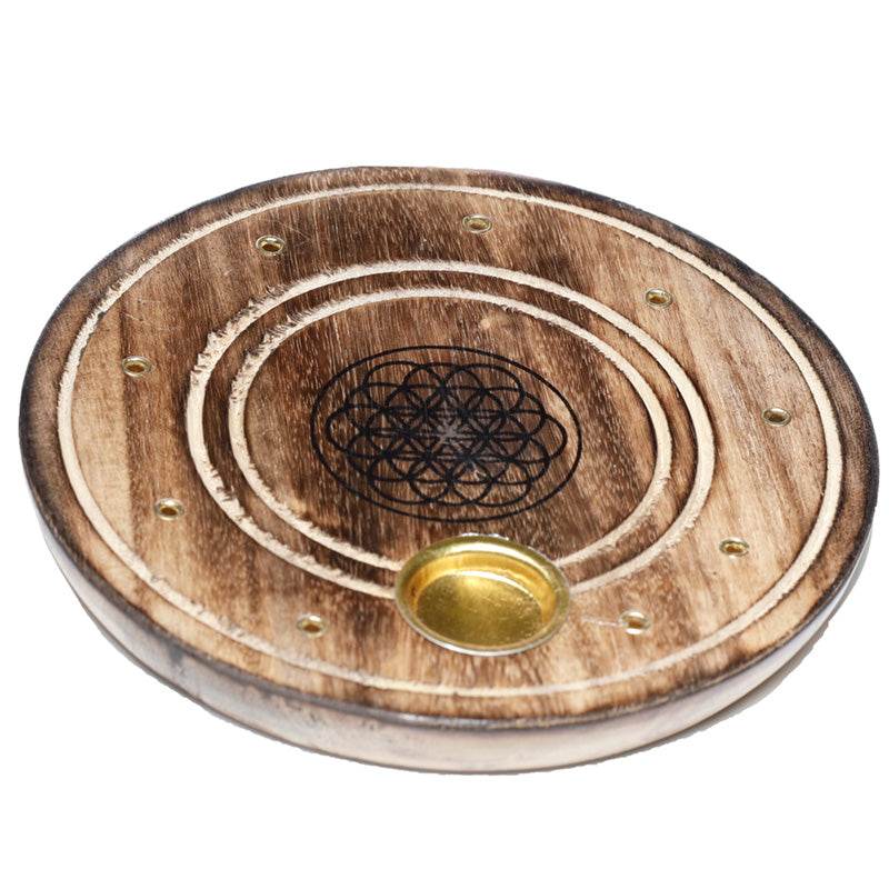 Mango Wood Round Flower of Life Ashcatcher Incense Burner - Gift Arch