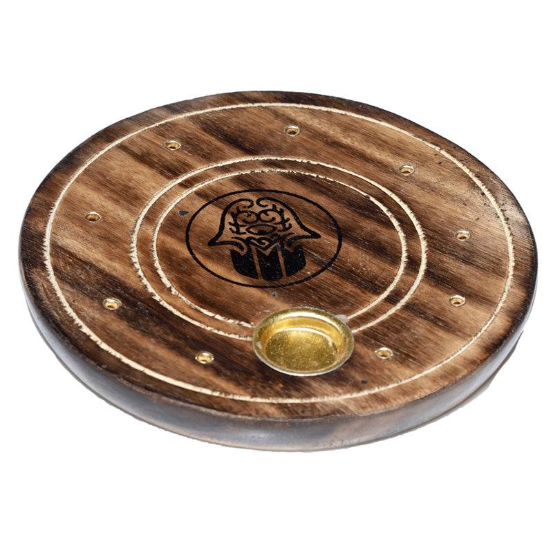 Mango Wood Round Hamsa Ashcatcher Incense Burner - Gift Arch