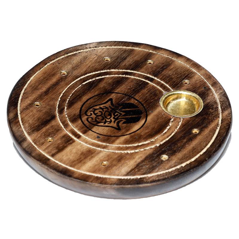 Mango Wood Round Hamsa Ashcatcher Incense Burner - Gift Arch