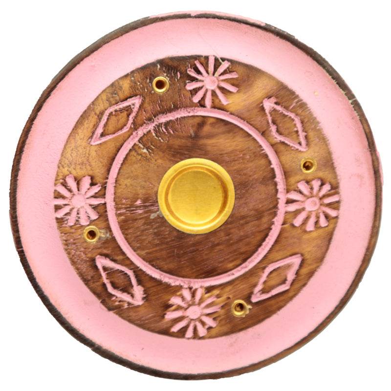 Mango Wood Round Painted Pink Flower Ashcatcher Incense Burner - Gift Arch
