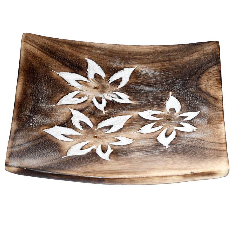 Mango Wood Square Carved Flowers Ashcatcher Incense Sticks Burner - Gift Arch